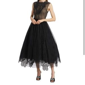 Lela Rose Black Midi GUIPURE LACE APPLIQUE TULLE HEART GODET DRESS. Sz 14